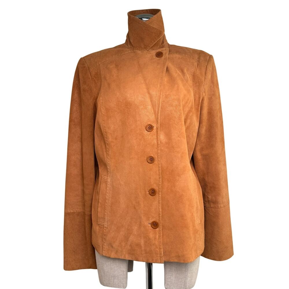Alfani Genuine Leather Blazer Jacket XL Tan Tailored Vintage 90s Y2K High Collar
